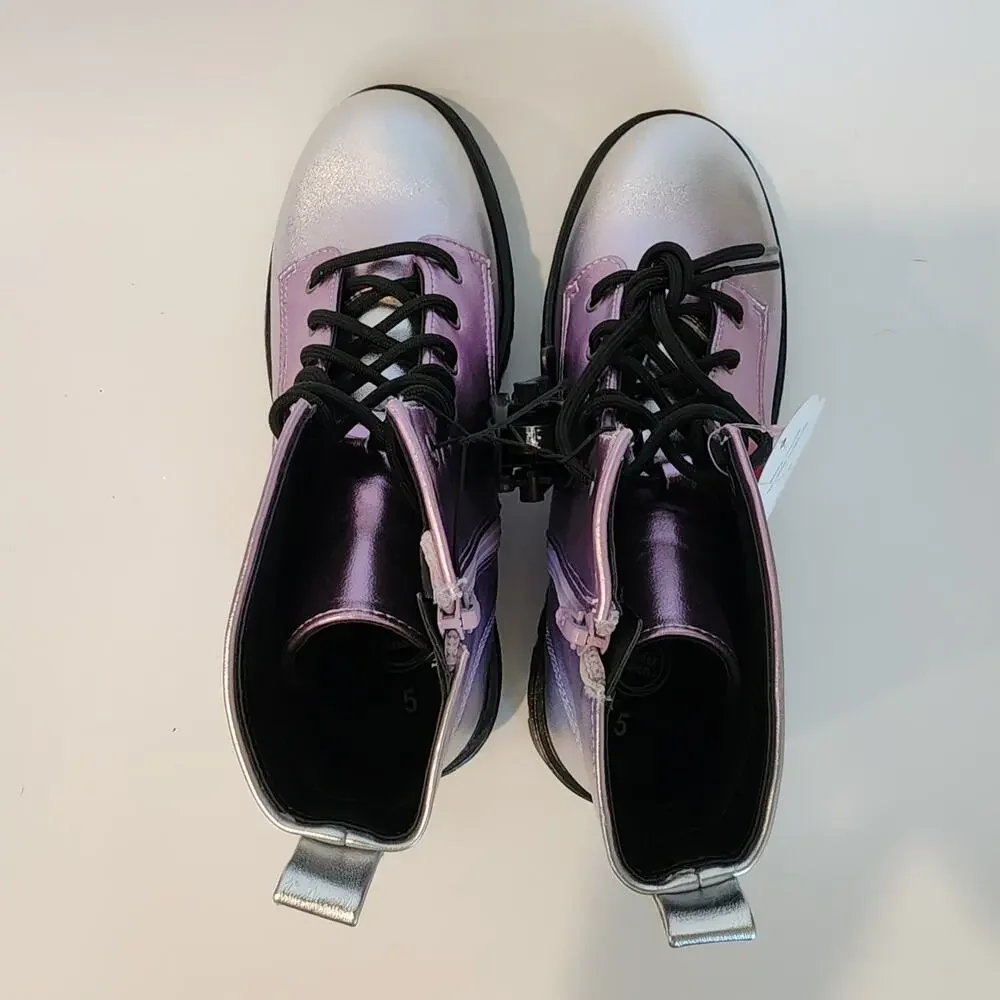 Wonder Nation Big Girls Size 5 Combat Boots Metallic Silvery Purple Color New